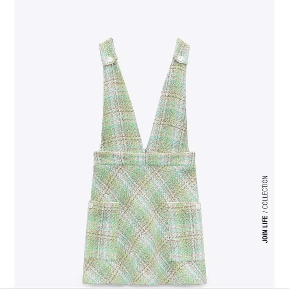 Zara Plaid Pinafore Tweed Dress Pastel Green White Overall Mini size Small